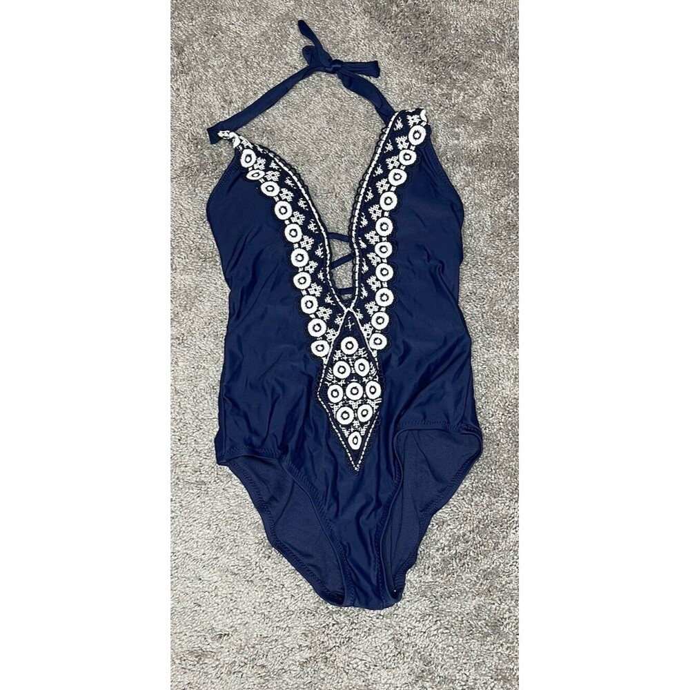 Kona Sol Medium Coverage One Piece Swim Suit Womens Size S Blue White